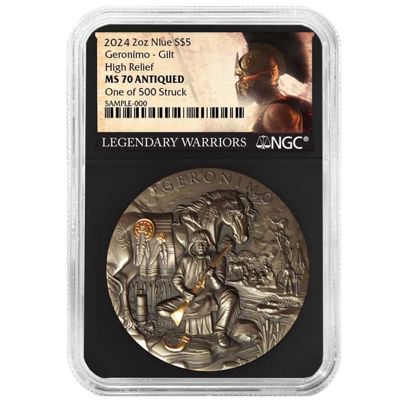2024 Geronimo 2 oz High Relief Silver Antiqued & Gold Gilded NGC MS70 Legendary Warriors Label Retro Core