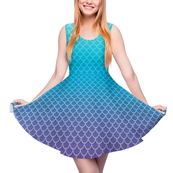 2024 Gift Clothes Custom Ladies Dress Skate Fashion Street Sleeveless Dresses Trendy Print Scales Fish Dress Mermaids Metallic