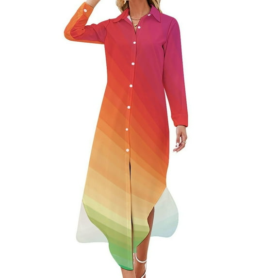 2024 Gradient Casual Dress Pride Month Street Style Dresses Long Sleeve Trendy Womens V Neck Graphic Big Size Chiffon Dress