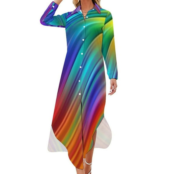 2024 Gradient Casual Dress Pride Month Street Style Dresses Long Sleeve Trendy Womens V Neck Graphic Big Size Chiffon Dress