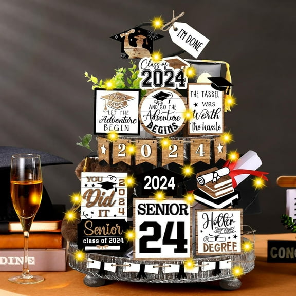 2024 Graduation Layered Tray Decor Set, Plastic Commencement Party Table Centerpiece for High School College University Grads Display