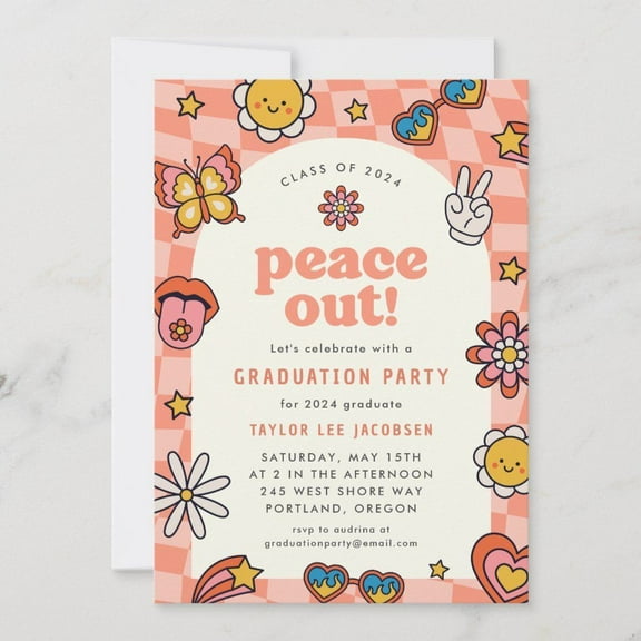 2024 Graduation Party Invitation  Colorful Retro Design with Peace Out Theme  Customizable Text  Perfect for Celebrating Graduates