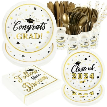 2024 Graduation Plates and Napkins Set Party Supplies Decorations, 192 Pcs Disposable Congrats Grad Paper Tableware for 24 Guests, Include 9” and 7” Plates, Napkins, Cup, Knife, Fork, Spoon and Straw