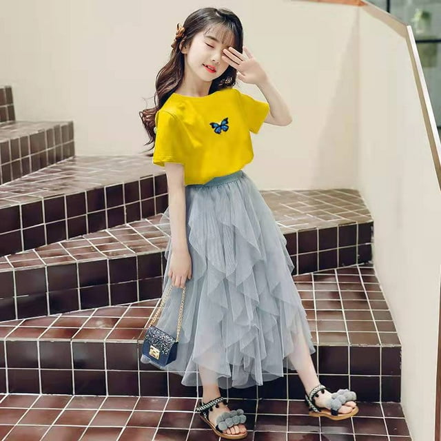 2024 HOT Dress For Girls Summer Girl Tshirt + Lace Dresses Clothes