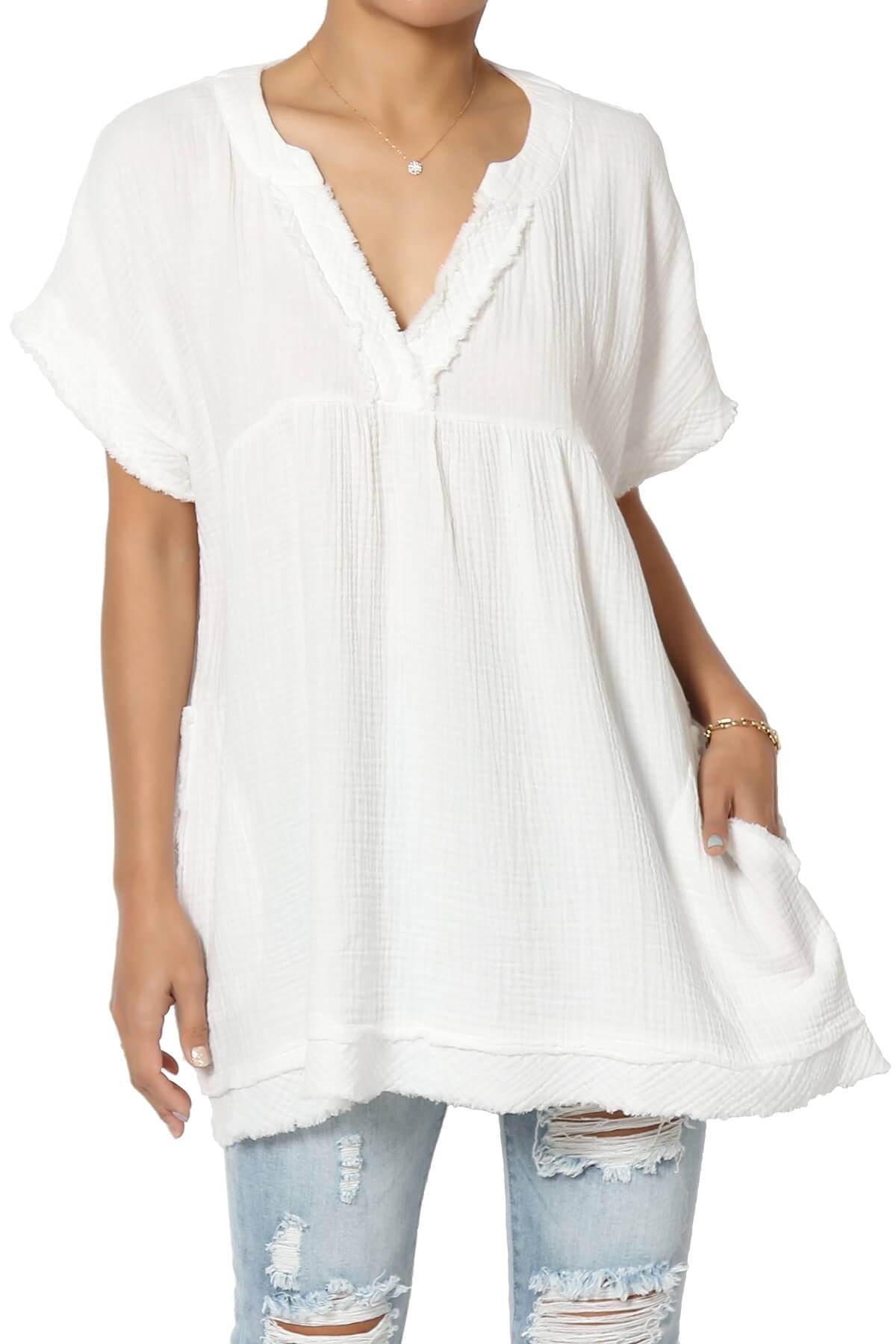 2024 HOT Women's Casual Loose Short Sleeve V Neck Cotton Gauze Babydoll Shirt Blouse Top Tunic