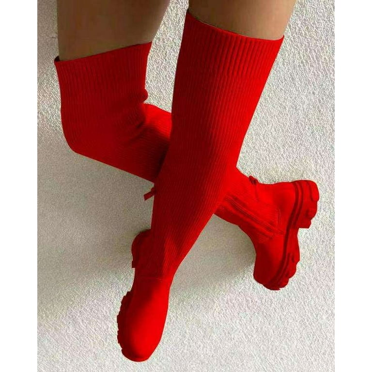 2024 HOT Women s Thigh High Boots Stretchy Knit Chunky Heel Platform Over the Knee Boots Stretch Suede Over Knee High Boots Sexy Leather Long Fall