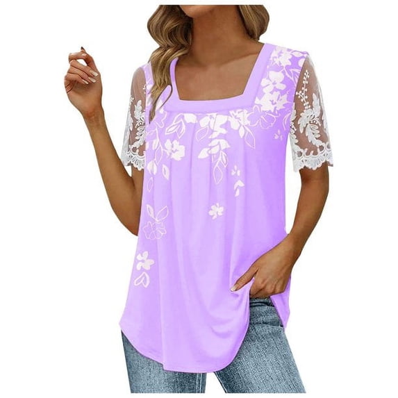 2024 HOT Womens Lace Short Sleeve Shirts Pleated Front Tunic Casual Blouse Square Neck Tops for Women