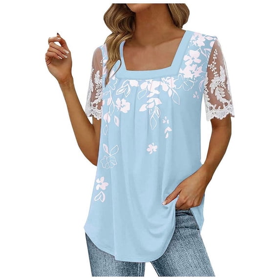 2024 HOT Womens Lace Short Sleeve Shirts Pleated Front Tunic Casual Blouse Square Neck Tops for Women