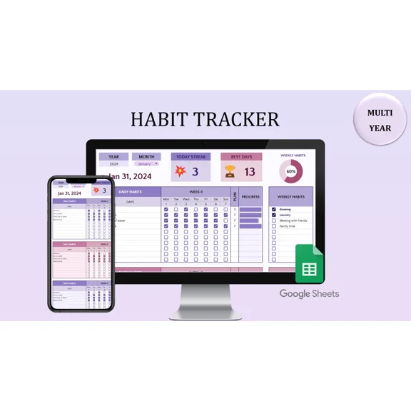 2024 Habit Tracker Spreadsheet Google Sheets Template Digital Habit Track