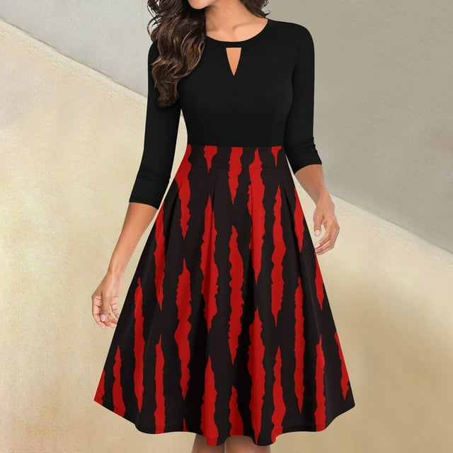2024 Halloween Dresses for Woman Halloween Graphic Vintage 3/4 Sleeve