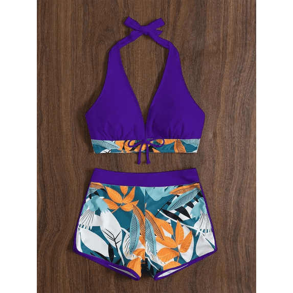 2024 Halter Bikini Set Short Swimsuit Women High Waist Swimwear Female Printed Bathers Swimming Bathing Swim Suit Beachwear