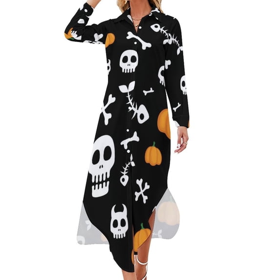 2024 Happy Haunts Chiffon Dress Halloween Pumpkins Dresses Woman Long Sleeve Street Fashion V Neck Design Oversize Casual Dress