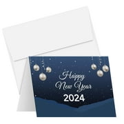 2024 Happy New Year Cards & Envelopes | Elegant Christmas, Holidays, Xmas, New Year's Eve Blue Thank You Invitation Greeting Cards Set – 25 Half Fold Cards & A2 Envelopes | 4.25 x 5.5 inches (A2 Size)