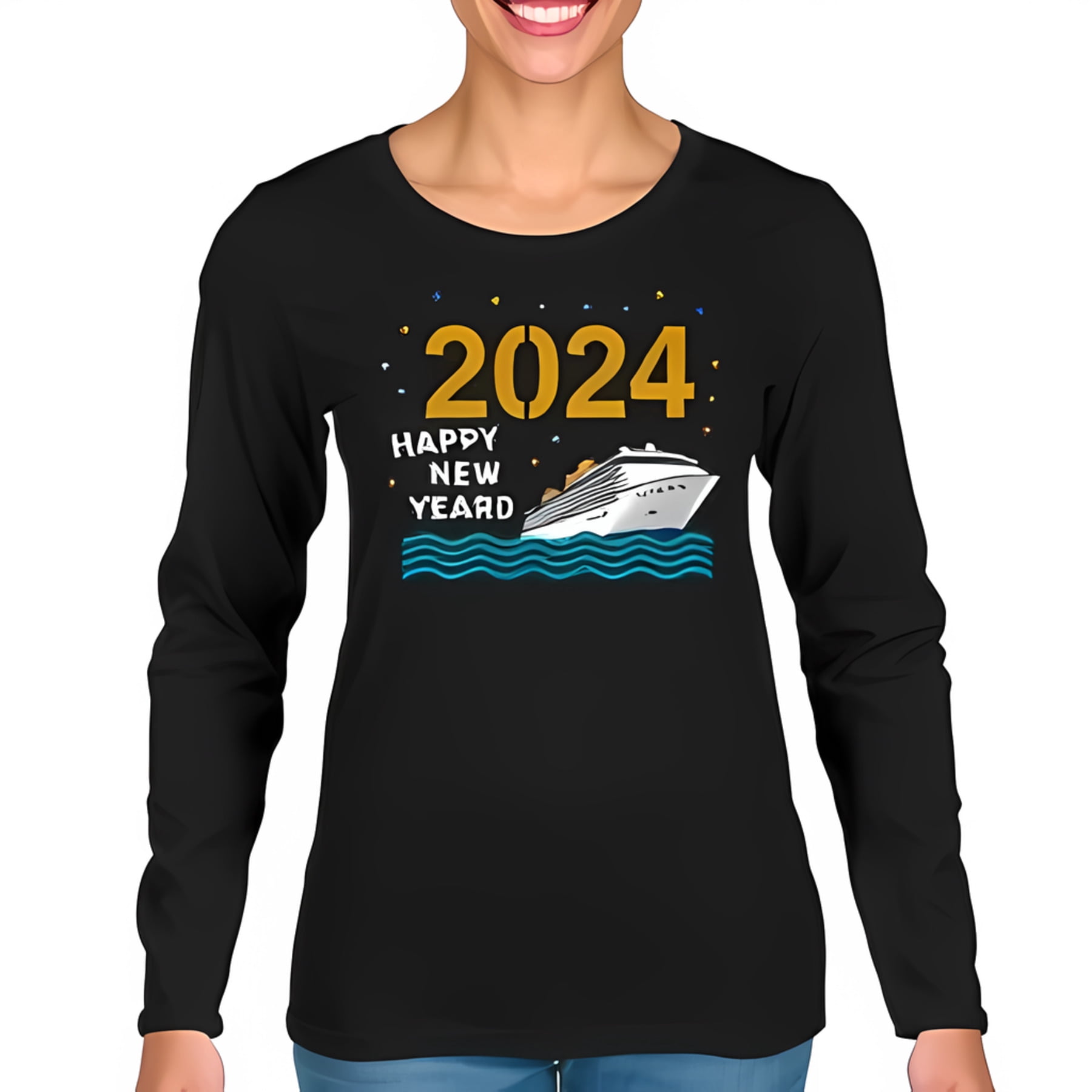 2024 Happy New Year Long Sleeve T-Shirt - Gold '2024' Design with ...