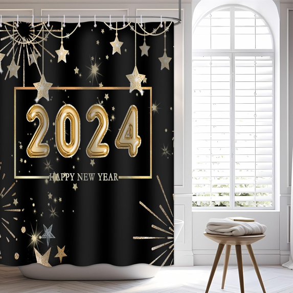 2024 Happy New Year Shower Curtain for Bathroom, 2024 Shower Curtain Set Waterproof Fabric Bathtub Curtain Decor with 12 Hooks, 72x72 inches