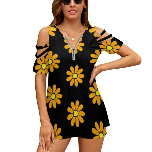 2024 Happy Orange Daisy Flower Power 60'S 70S Retro Vintage Women'S T-Shirt New Fashion Printed Zipper V-Neck Short Sleeve T Shirts