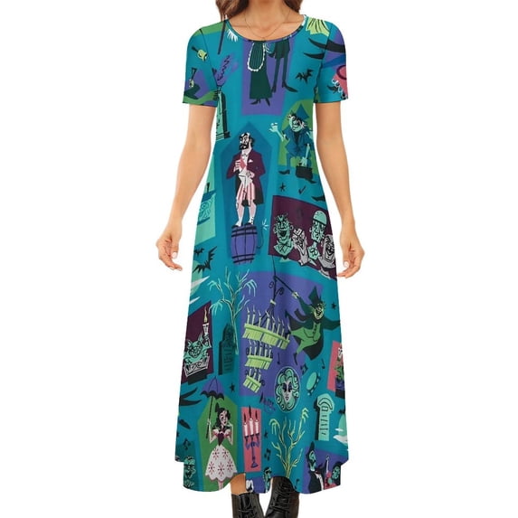 2024 Haunted Mansion Dress Halloween Print Elegant Maxi Dress Short Sleeve Aesthetic Bohemia Long Dresses Woman Oversized Clothing