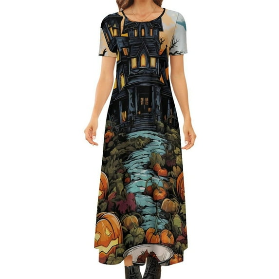 2024 Haunted Mansion Dress Halloween Print Elegant Maxi Dress Short Sleeve Aesthetic Bohemia Long Dresses Woman Oversized Clothing