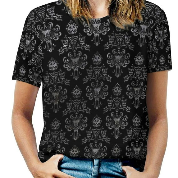 2024 Haunted Mansion Wallpaper Black And Silver Women'S T-Shirt Summer Fashion Print Floral V-Neck Zipper Tshirt Hollow Pullover