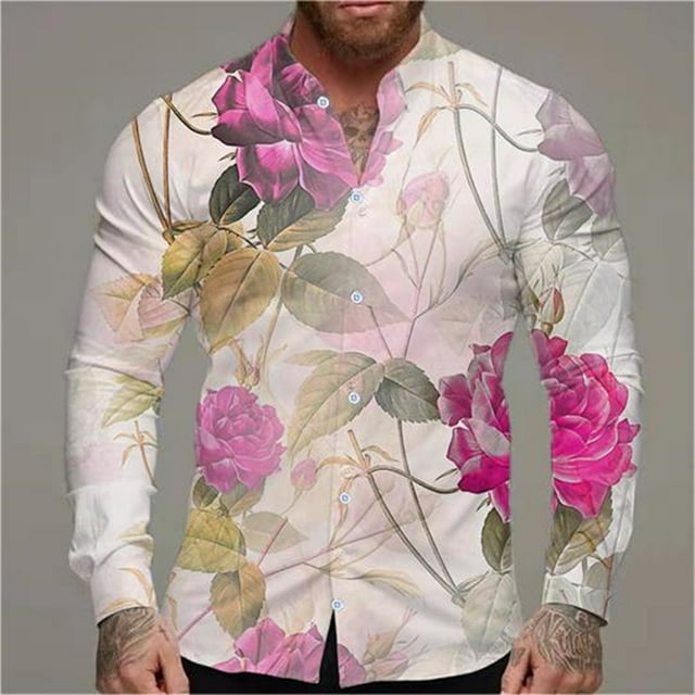 2024 Hawaii Pattern Long Sleeve Shirt For Men Clothing Flower Print