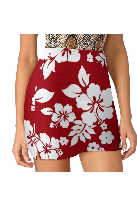 2024 Hawaiian Pattern-Red Women's skirt Aesthetic skirts New Fashion Short Skirts Red Hawaiian Blue Hibiscus Floral Hawaii Tropical