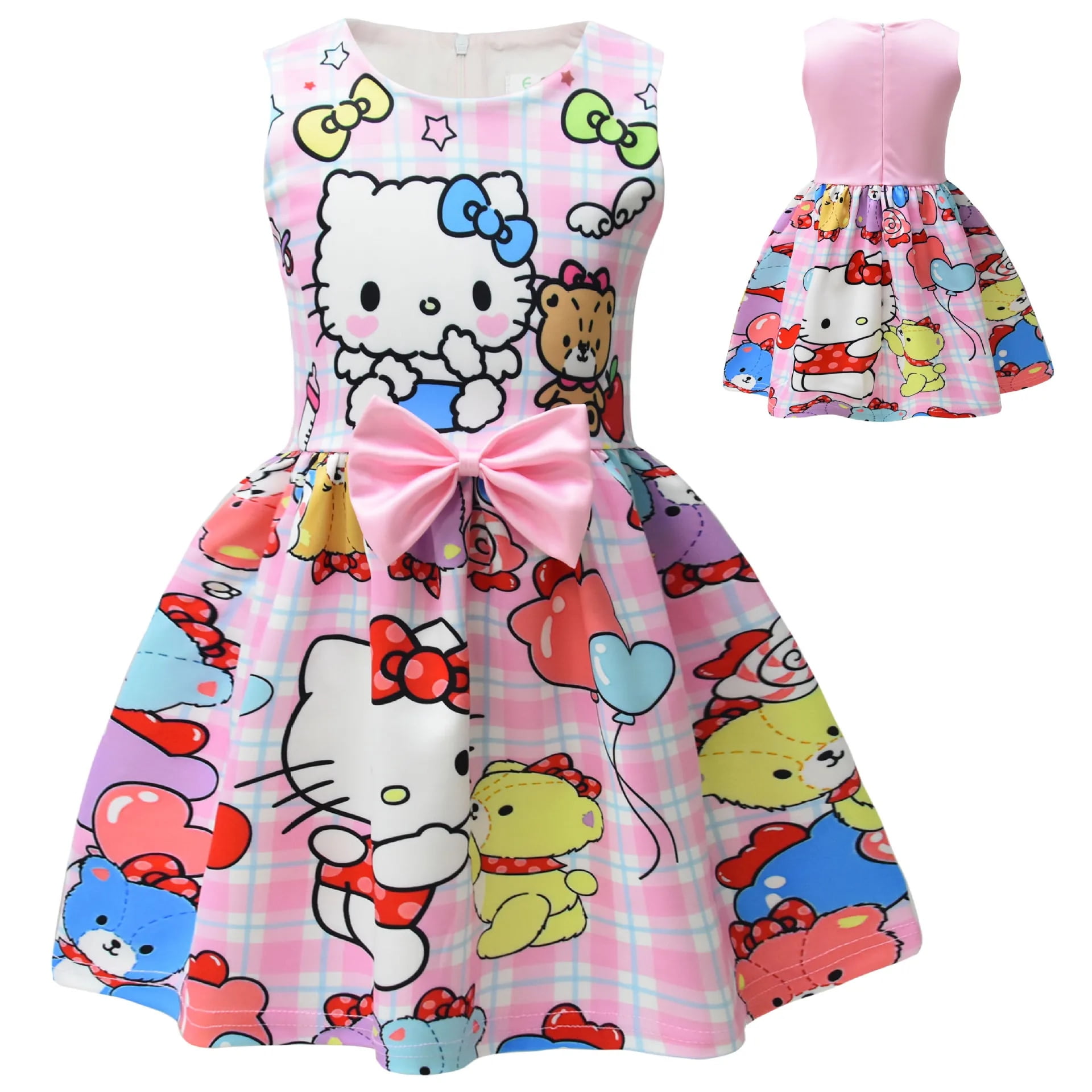 2024 Hellokitty Summer Dress Fron Bowknot Sleeveless Milksilk Cartoon