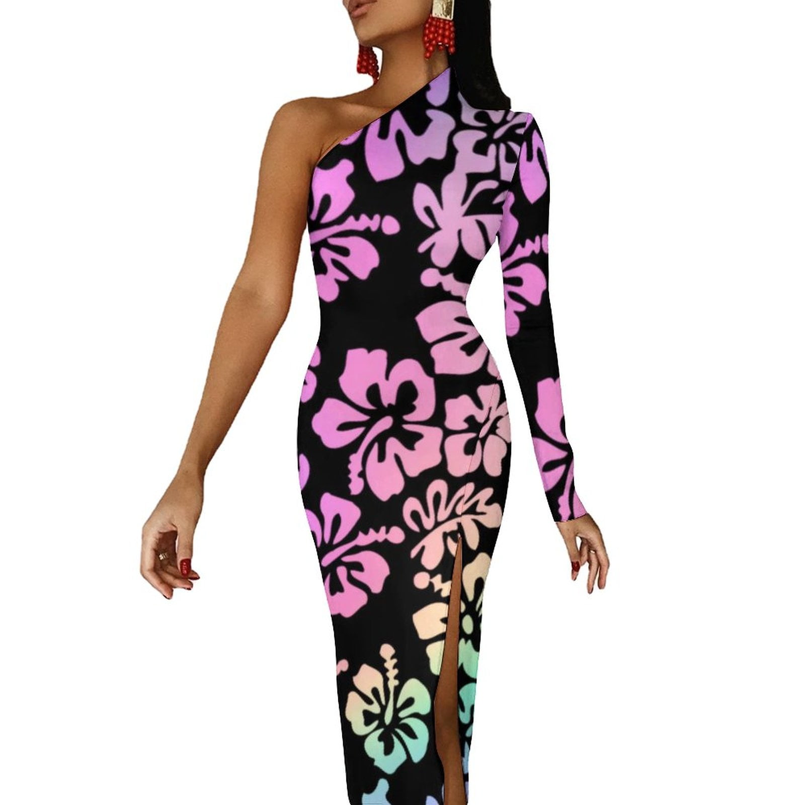 2024 Hibiscus Flower Maxi Dress Long Sleeve Tropical Pickleball Elegant ...