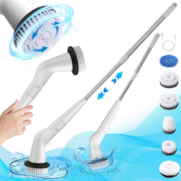 2024 High-Speed Scrubber with 6 Replaceable Brush Heads, Adjustable Extension Long Handle, Wireless Power Cleaning Brush for Bathroom Floor Tile, Window, Counter White