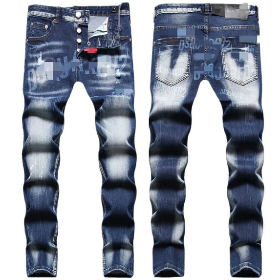 2024 High end Four Seasons Tear Patch Laser Burnt Flower d2 Jeans Men's Elastic Slim Fit Small Straight Tube Trendy Street Style