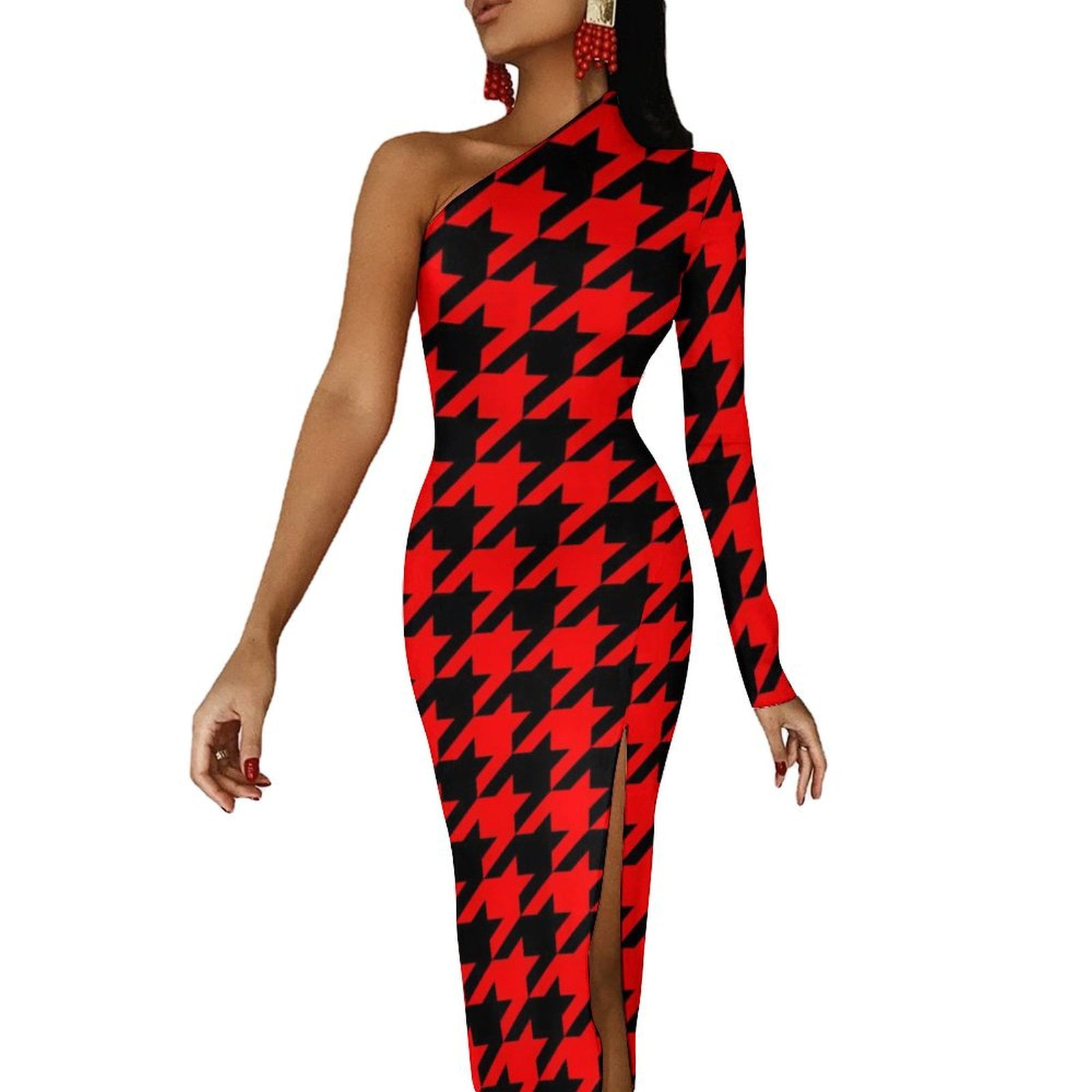 2024 Houndstooth Maxi Dress Long Sleeve Red And Black Aesthetic Bodycon