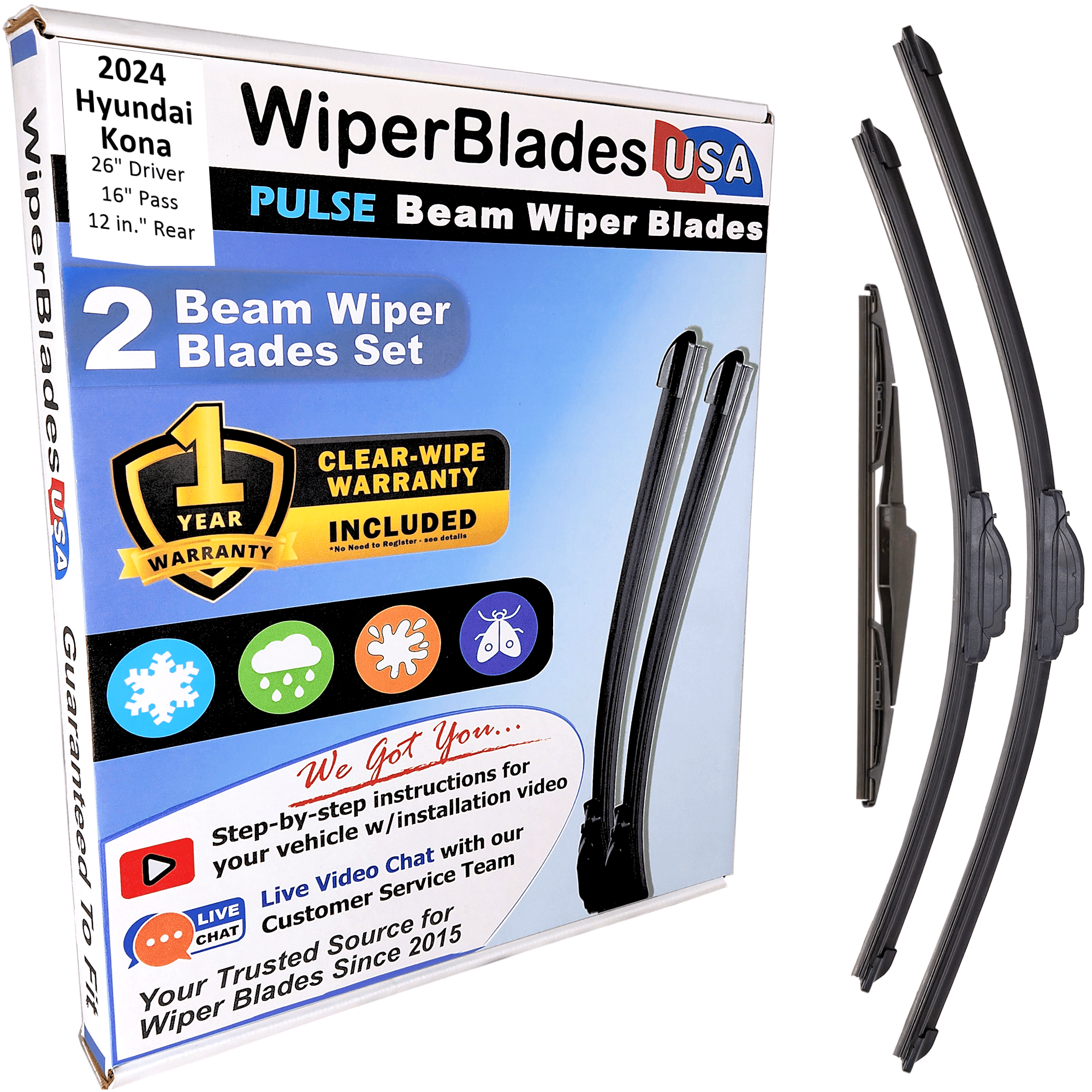 2024 Hyundai Kona Beam Wiper Blades Wipers w/1yr Warranty (Set of 3) w/Rear Wiper (WiperBladesUSA)