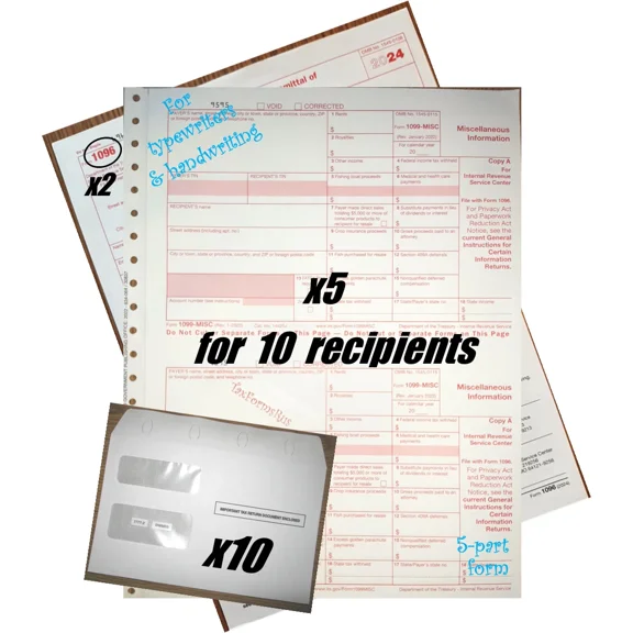 2024 Irs Tax Forms Kit:: 1099-Misc Carbonless 10Recipients +10Envelopes +(2)1096