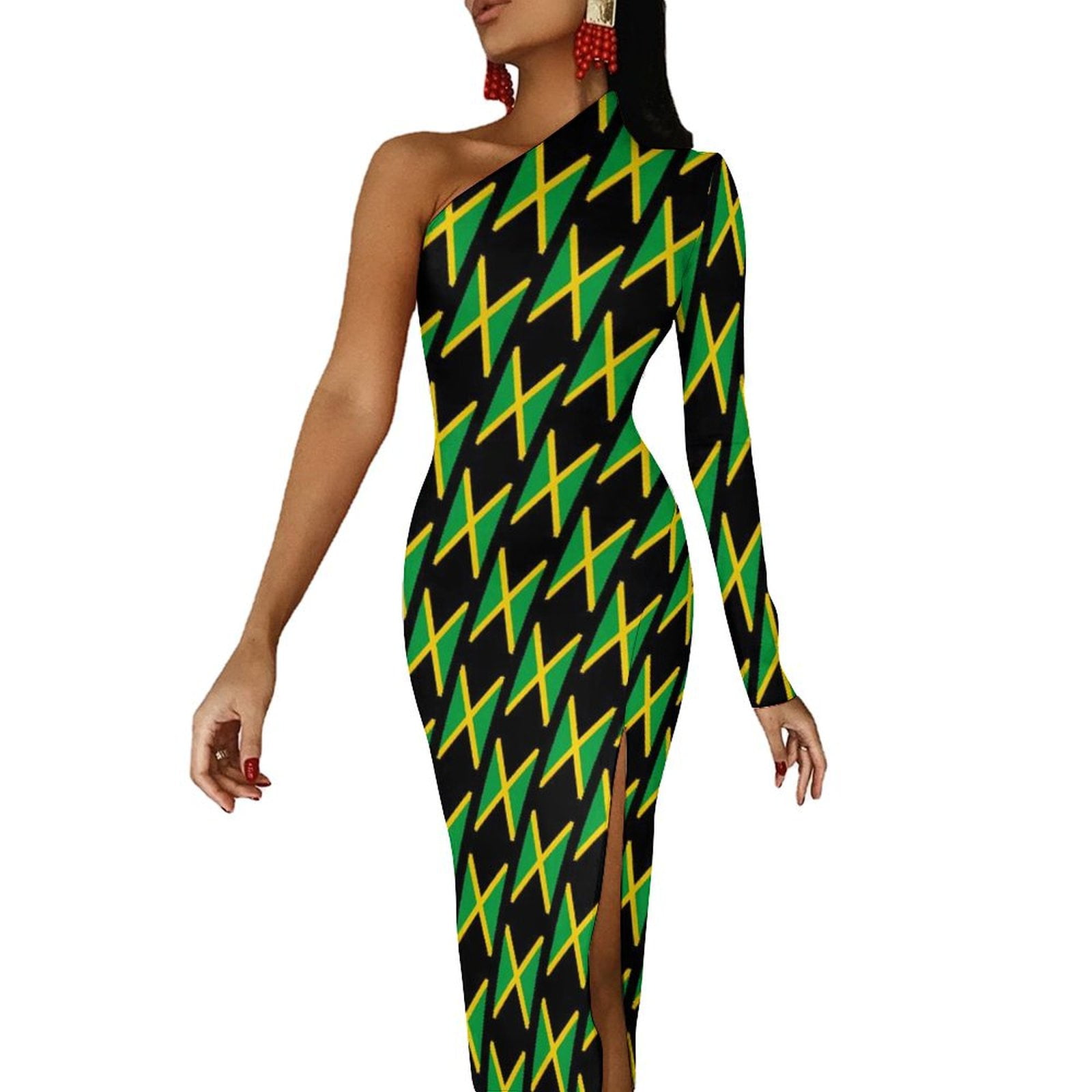 2024 Jamaica Flag Maxi Dress Long Sleeve Black Green Yellow Party