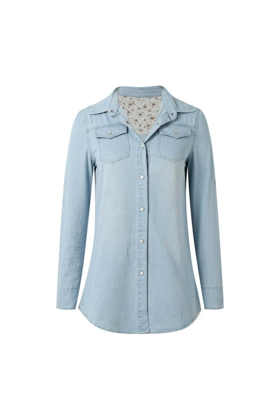 2024 Jean Jackets For Women Fashion Long Sleeve Button Down Denim Jacket Western Fall Shacket Jackets With Pockets with Patterns Teacher Shirts for Women Summer Tee Shirts for Women Long Sleeve Shirt