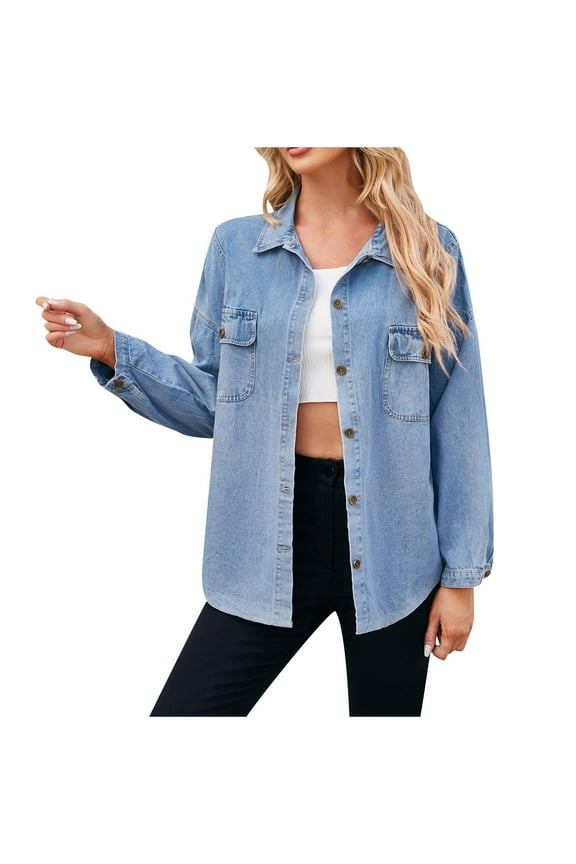 2024 Jean Jackets for Women Fashion Button Down Denim Coat Western Fall Shacket Jacket with Pockets