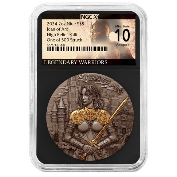 2024 Joan of Arc 2 oz High Relief Silver Antiqued & Gold Gilded NGCX MS10 Legendary Warriors Label Retro Core