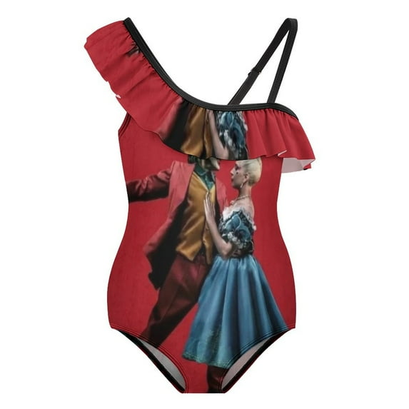 2024 Joker Folie A Deux One-Piece Swimsuit for Girls Adjustable One Shoulder Ruffled Swimwear Summer Beach Kids Bathing Suits Sizes 6-12Y