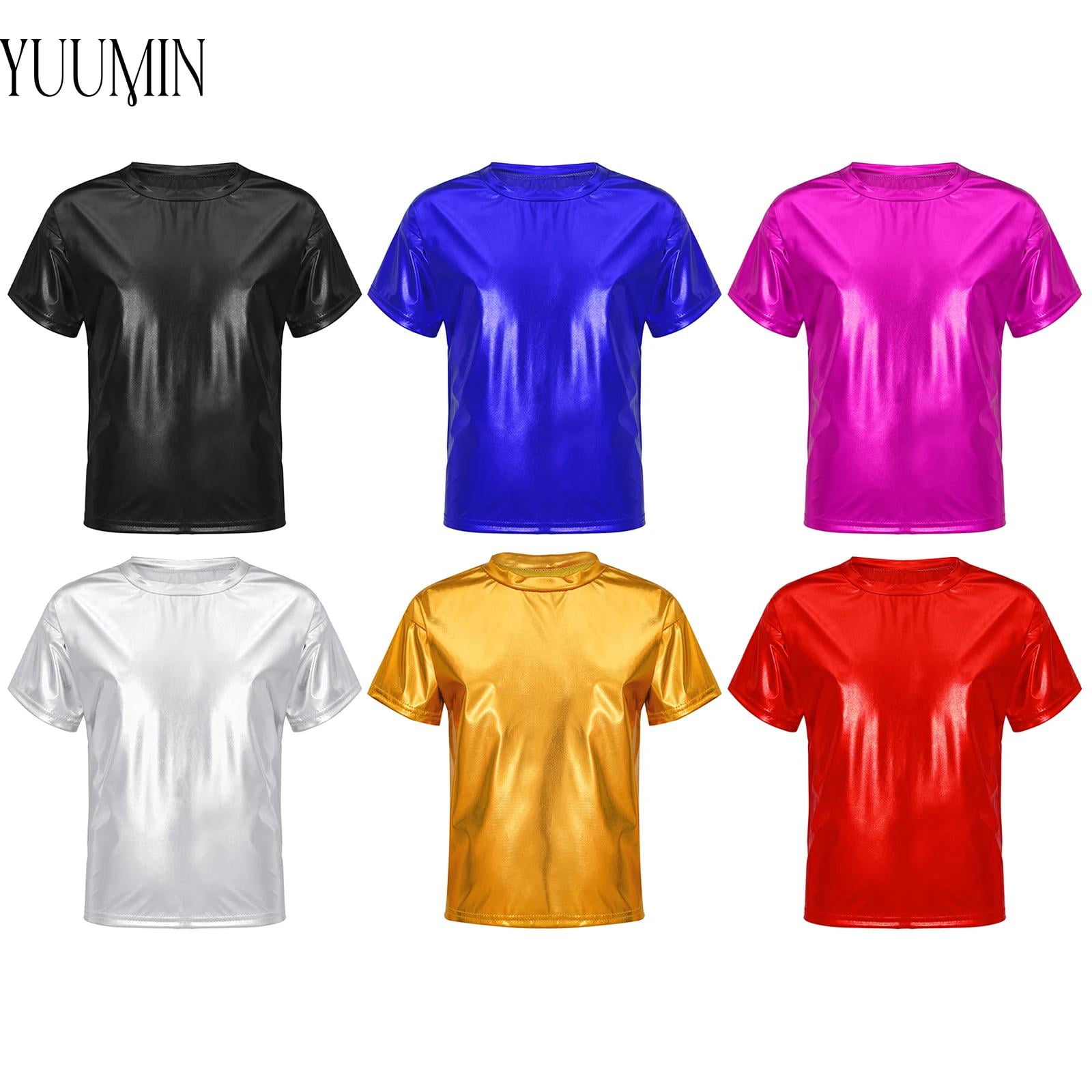 2024 Kids Boys Girls Shiny Metallic Short Sleeve TShirt Hip Hop Street