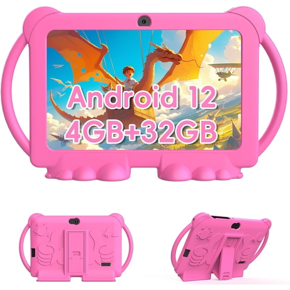 2024 Kids Tablet, 7 inch Android 12 Tablet for Kids, 4GB+32GB ROM+1TB Expand Quad-Core Toddler Tablet with Shockproof Case, BT, WiFi, Parental Control, 2MP+5MP Dual Camera, Games