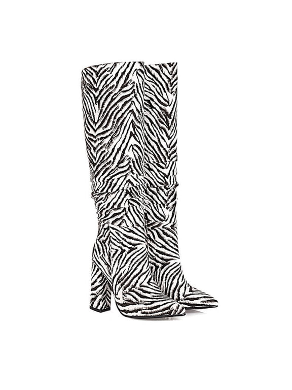 2024 Knee High Boots Women Cowboy Boots Comfortable Pull On Zipper Chunky Heel Pointed Toe Western Cowgirl Knee High Boots Girls Ladies Retro Tall Boot Zebra stripe 9.5