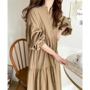 2024 Korean Chic Style Slimming Vertical Striped Vintage Shirt Dress Stand Collar Belted Long Shirt Dress