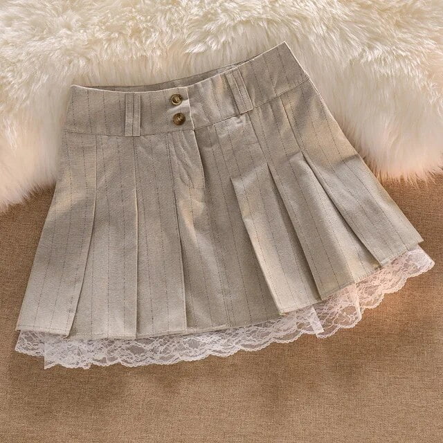 2024 Korean Fashion Khaki Short Skirt Lace Trim Cute Pleated