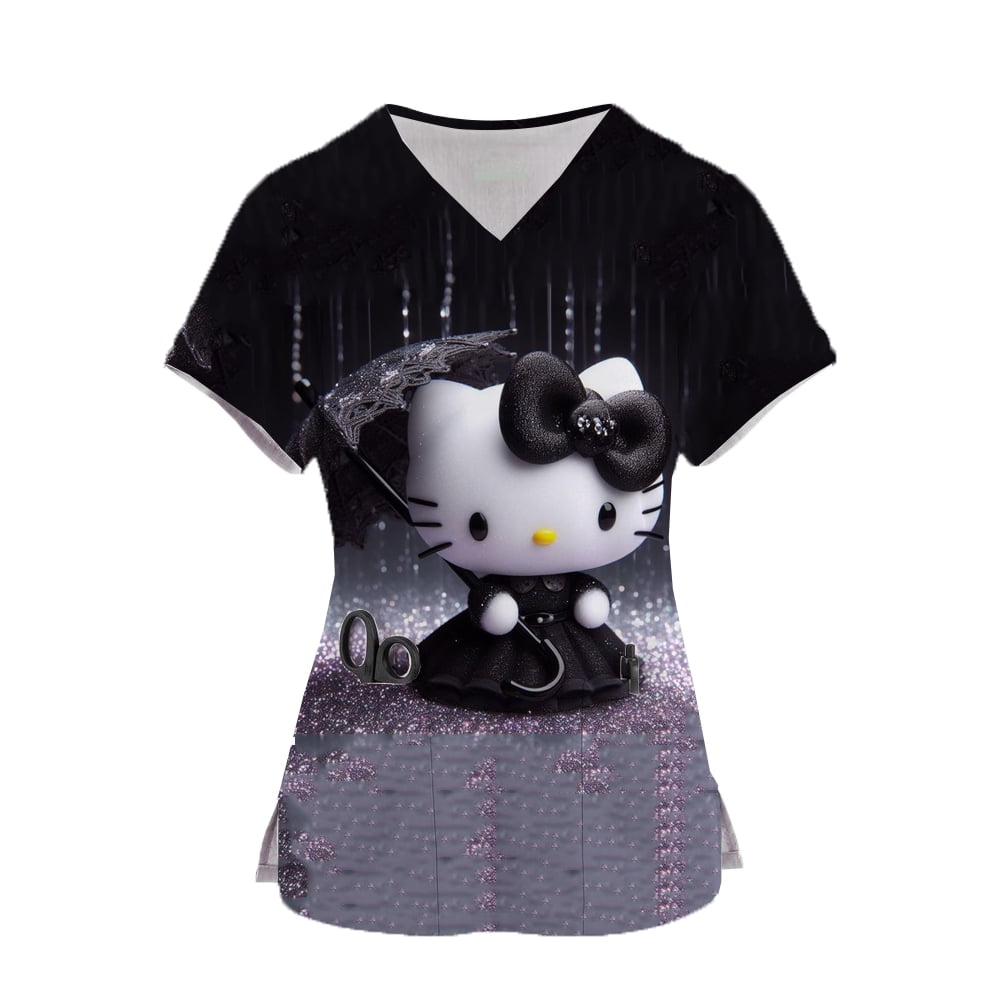 2024 LIN Kawaii Nurse Uniform Scrubs Tops Womens Cartoon Hello Kitty