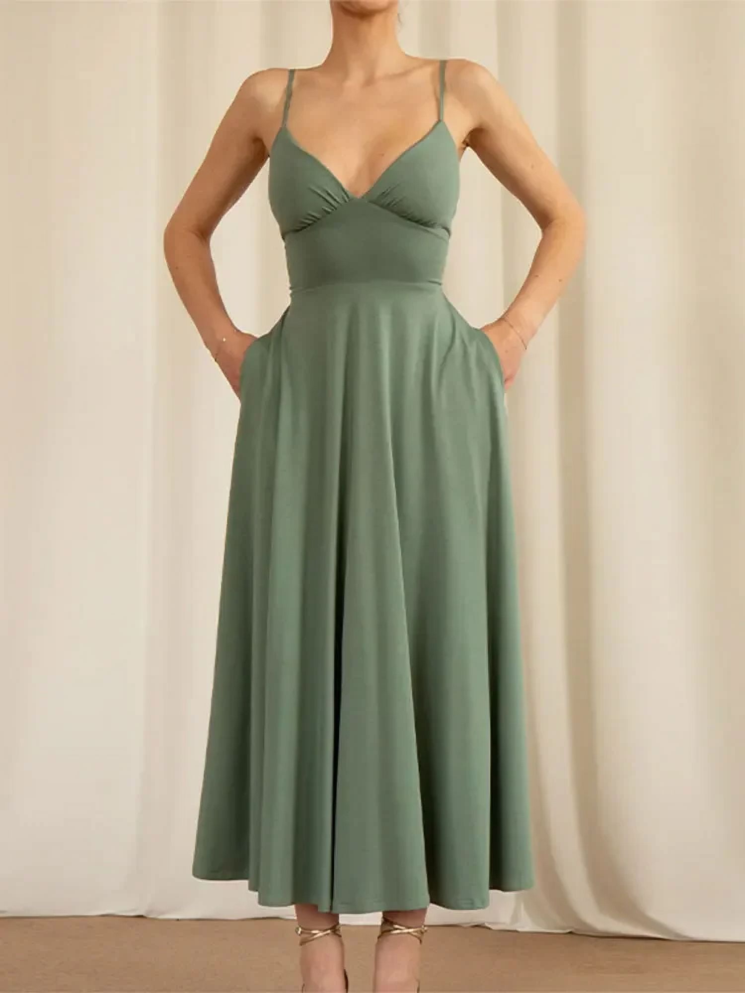 2024 LIN Sexy Solid V Neck Big Hem Sling Maxi Dress Women Elegant Off ...