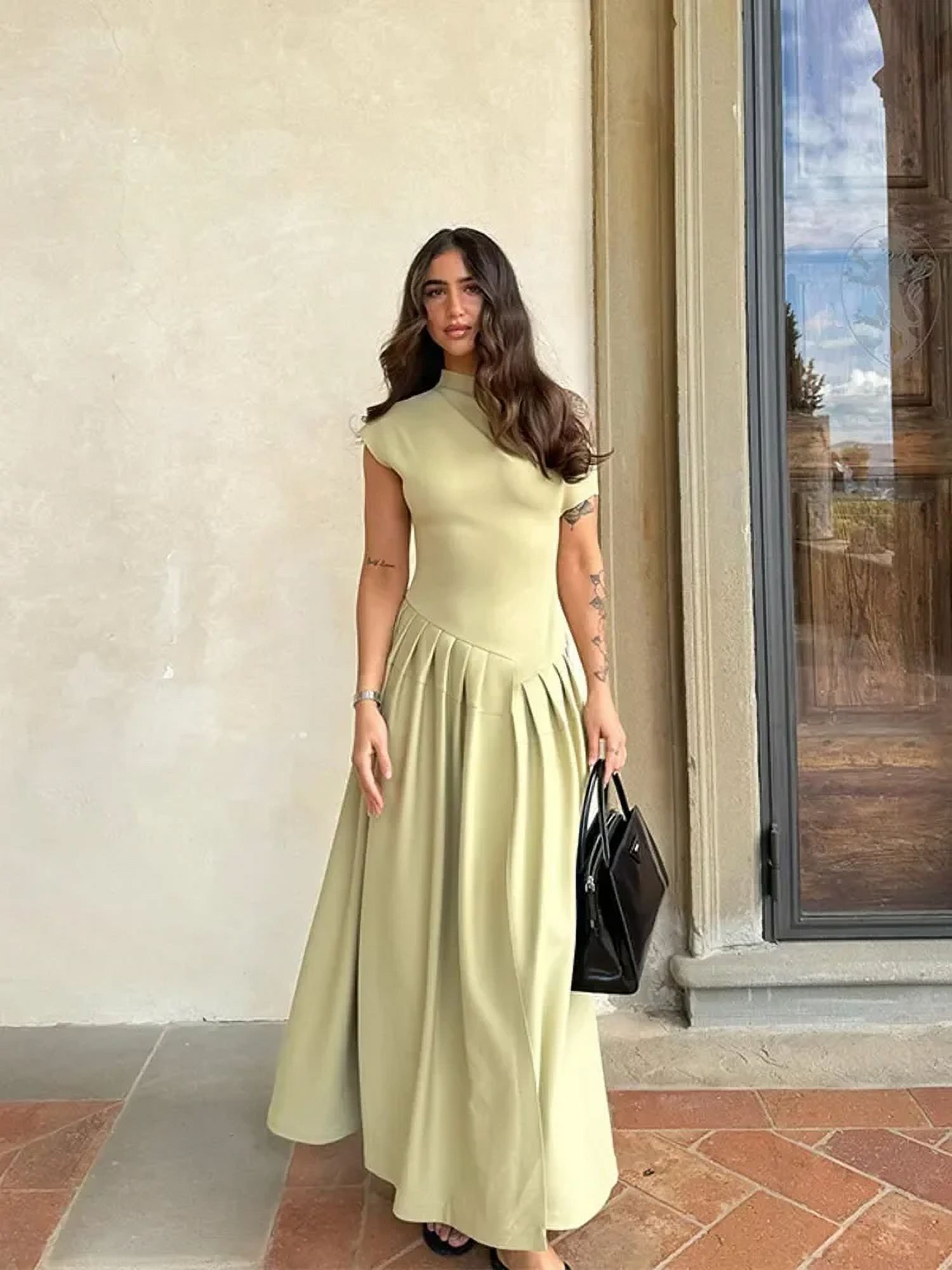 2024 LIN Women Elegant Solid Pleated Slim Aline Long Dress Chic Short