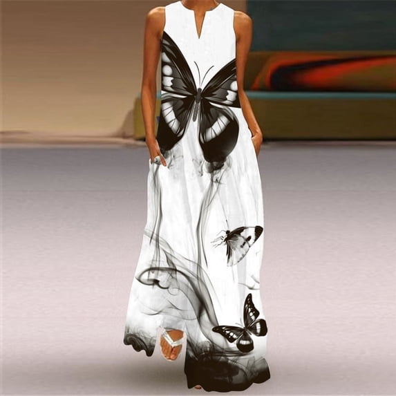 2024 Ladies Spring Summer Long Dress Women White Sleeveless Casual Party Women's Dresses Elegant Butterfly Print Vintage Beach Dress