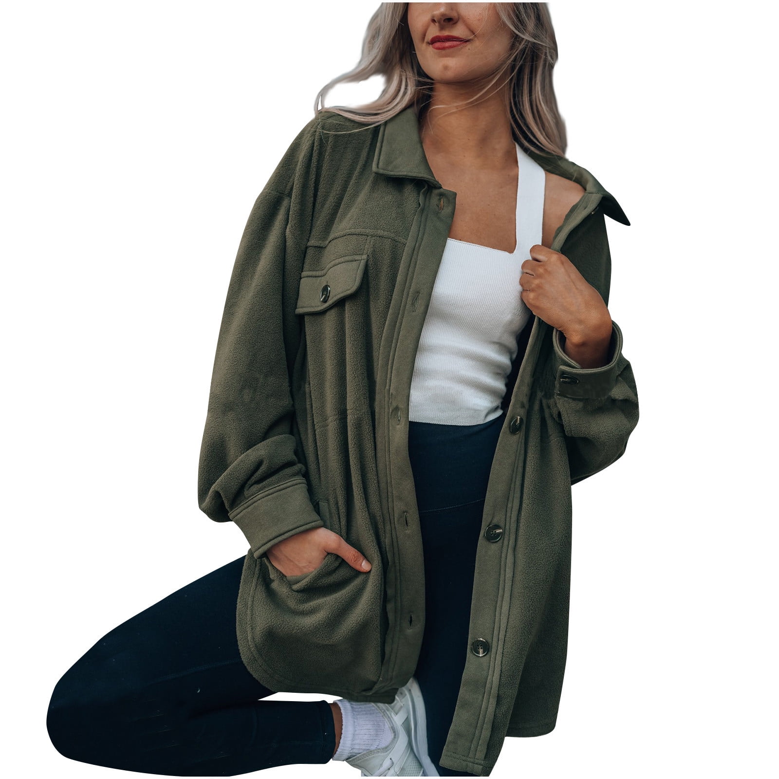 2024 Lapel Solid Jacket for Women Fleece Button Mid Length Cardigan