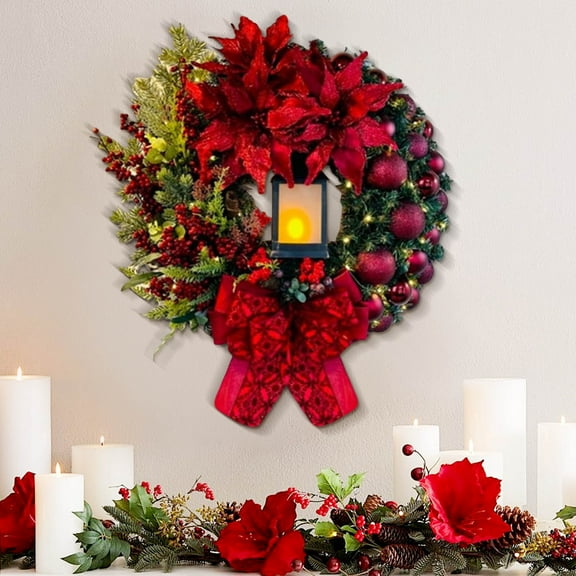 2024 Large Christmas Wreaths For Front Door,Artificial Lighted Christmas Wreath With Bow Ribbon Red Christmas Front Door,Wreath With Christmas Ball Christmas Garland For Indoor Outdoor Front Door