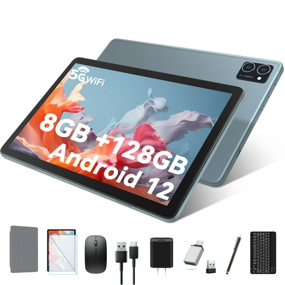 (Open Box) 2024 Latest 10in Android 12 Tablet 8gb RAM 128gb ROM FHD IPS Screen 8-Core T610, 5G Wifi Tablet with Keyboard,13MP+8MP, 1TB Expand, Gray