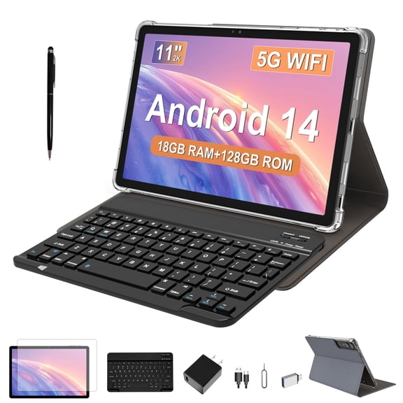 2025 Latest 11 inch Tablet Android 14 Tablet 18GB RAM 128GB ROM, 2K Display, 5+13+5MP Camera, 5G WiFi,T616 CPU,4 Speakers,9000 mAh,with case, Pen, Keyboard
